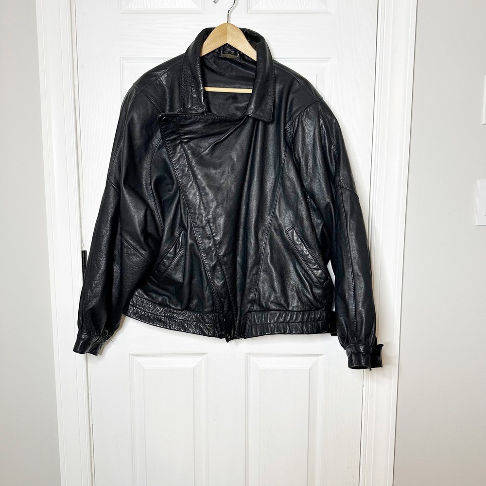 Vintage‎ Fidelity Leather Bomber Jacket Mens 44 Black Good Asymmetrical Zip 8740